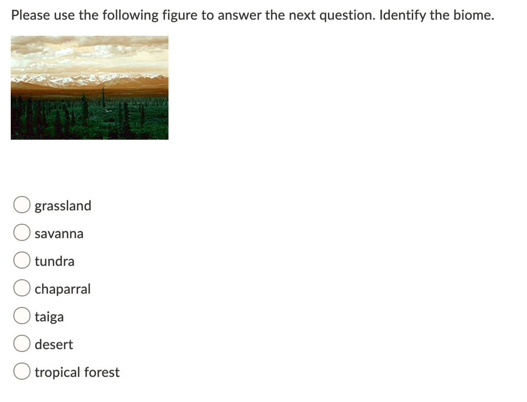 Please use the following figure to answer the next question. Identify the biome.
grassland
savanna
tundra
chaparral
taiga
desert
tropical forest