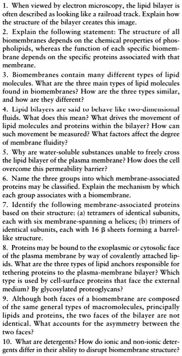 1. When viewed by electron microscopy, the lipid bilayer is often described as looking like a railroad track. Explain how the structure of the bilayer creates this image.
2. Explain the following statement: The structure of all biomembranes depends on the chemical properties of phospholipids, whereas the function of each specific biomembrane depends on the specific proteins associated with that membrane.
3. Biomembranes contain many different types of lipid molecules. What are the three main types of lipid molecules found in biomembranes? How are the three types similar, and how are they different?
4. Lipid bilayers are said to behave like two-dimensional fluids. What does this mean? What drives the movement of lipid molecules and proteins within the bilayer? How can such movement be measured? What factors affect the degree of membrane fluidity?
5. Why are water-soluble substances unable to freely cross the lipid bilayer of the plasma membrane? How does the cell overcome this permeability barrier?
6. Name the three groups into which membrane-associated proteins may be classified. Explain the mechanism by which each group associates with a biomembrane.
7. Identify the following membrane-associated proteins based on their structure: (a) tetramers of identical subunits, each with six membrane-spanning ? helices; (b) trimers of identical subunits, each with 16 ? sheets forming a barrel-like structure.
8. Proteins may be bound to the exoplasmic or cytosolic face of the plasma membrane by way of covalently attached lipids. What are the three types of lipid anchors responsible for tethering proteins to the plasma-membrane bilayer? Which type is used by cell-surface proteins that face the external medium? By glycosylated proteoglycans?
9. Although both faces of a biomembrane are composed of the same general types of macromolecules, principally lipids and proteins, the two faces of the bilayer are not identical. What accounts for the asymmetry between the two faces?
10. What are detergents? How do ionic and non-ionic detergents differ in their ability to disrupt biomembrane structure?