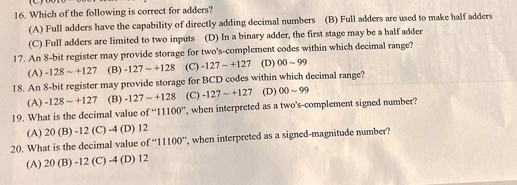 Solved Which Of The Following Is Correct For Adders A Full Adders Solved Which Of The Following Is Correct For Adders A Full Adders