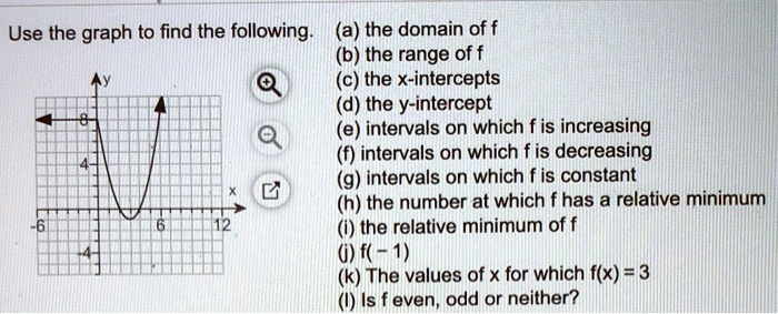 Use the graph to find the following. (a) the domain of f (b) the range of f (c) the x-intercepts (d) the y-intercept (e) intervals on which f is increasing (f) intervals on which f is decreasing (g) intervals on which f is constant (h) the number at which f has a relative minimum (i) the relative minimum of f (j) f(-1) (k) The values of x for which f(x) = 3 (l) Is f even, odd or neither?