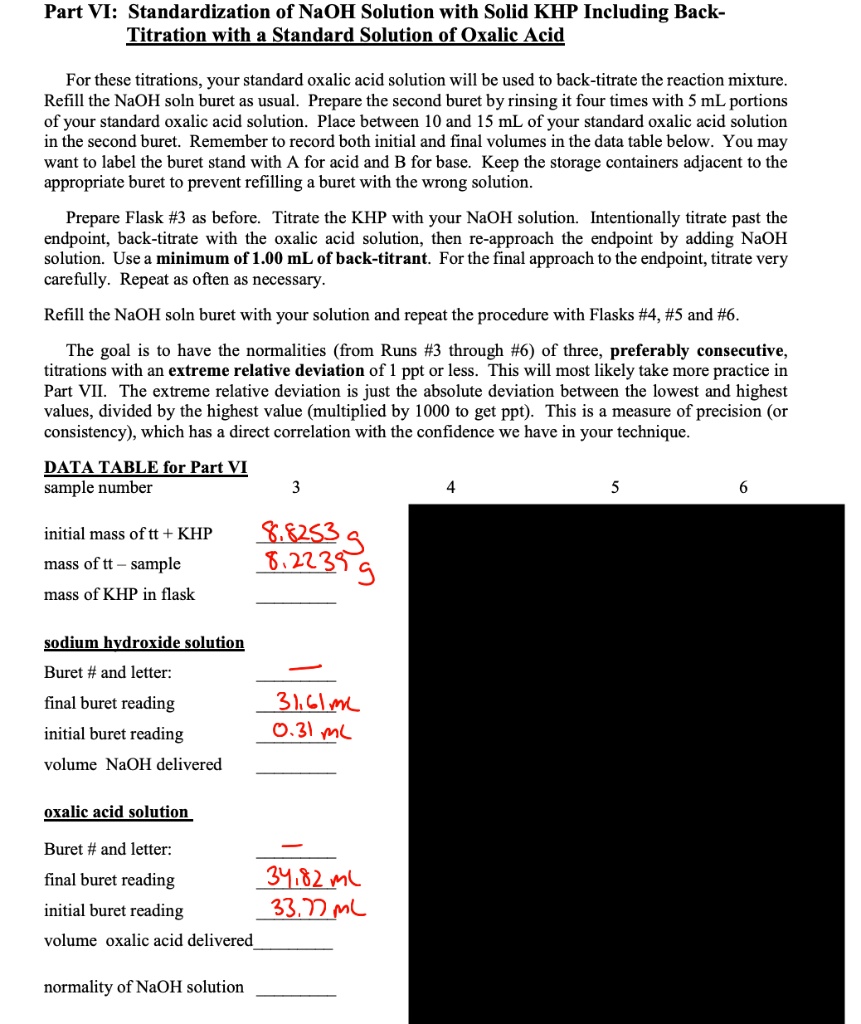 SOLVED Part VI Standardization of NaOH Solution with Solid KHP