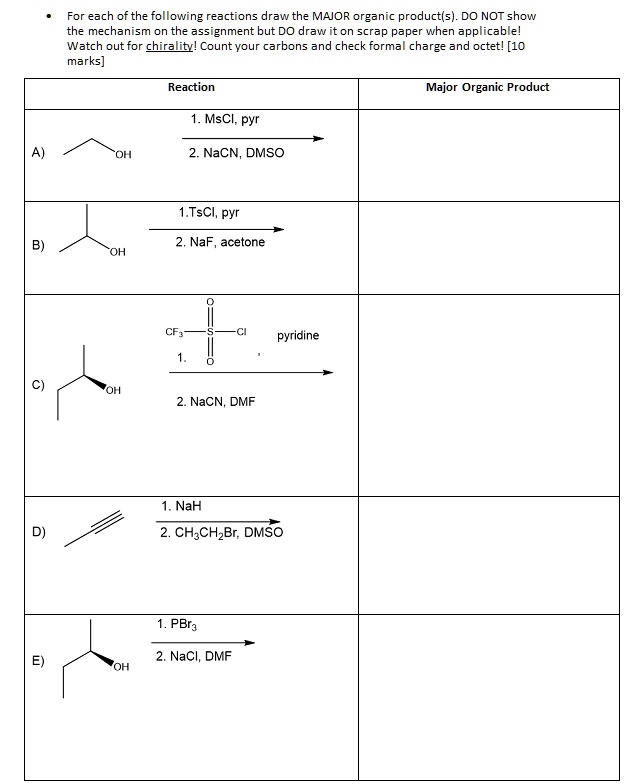For each of the following reactions draw the MAJOR organic product(s). DO NOT show the mechanism on the assignment but DO draw it on scrap paper when applicable! Watch out for chirality! Count your carbons and check formal charge and octet! [10 marks]

Reaction | Major Organic Product
— | —
A) OH –1. MsCl, pyr / 2. NaCN, DMSO–> |
B) OH –1. TsCl, pyr / 2. NaF, acetone–> |
C) OH –1. CF3SO2Cl, pyridine / 2. NaCN, DMF–> |
D) –1. NaH / 2. CH3CH2Br, DMSO–> |
E) OH –1. PBr3 / 2. NaCl, DMF–> |