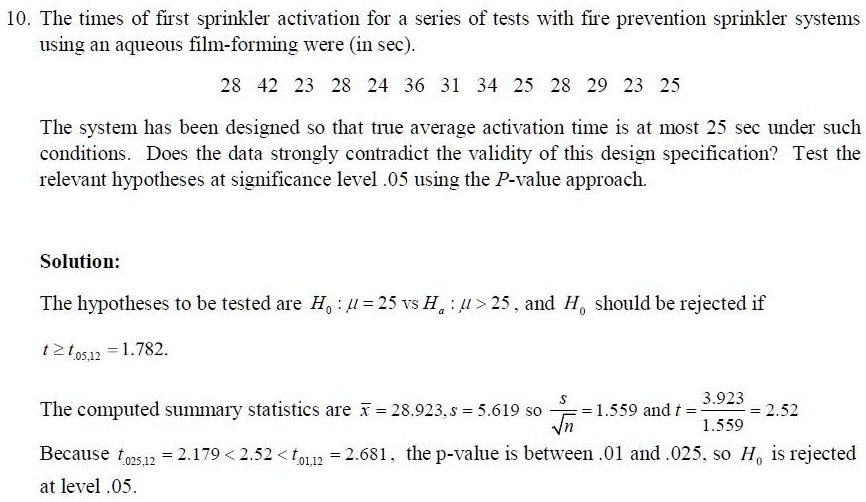 SOLVED: 10.The times of first sprinkler activation for a series of ...
