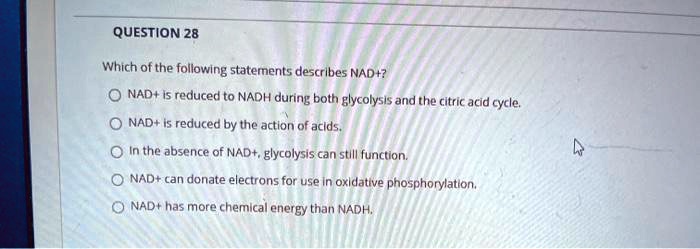 SOLVED: QUESTION 28 Which of the following = statements describes NAD+