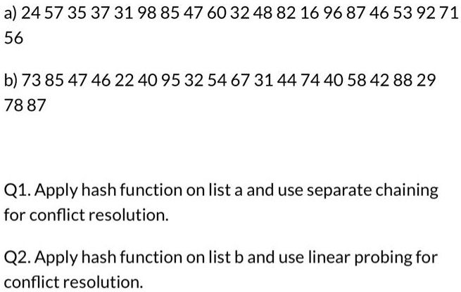 SOLVED: Q1. Apply hash function on list a and use separate chaining for ...