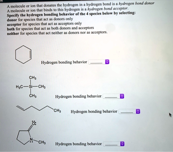 SOLVED: hydrogen bond is hydrogen bond donor A molecule or ion that ...