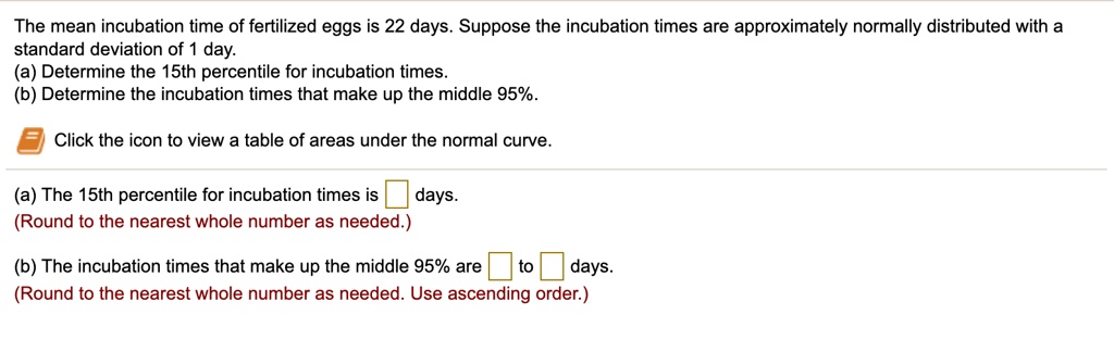 Solved The Mean Incubation Time Of Fertilized Eggs Is 22 Days Suppose The Incubation Times Are Approximately Normally Distributed With A Standard Deviation Of Day A Determine The 15th Percentile For Incubation
