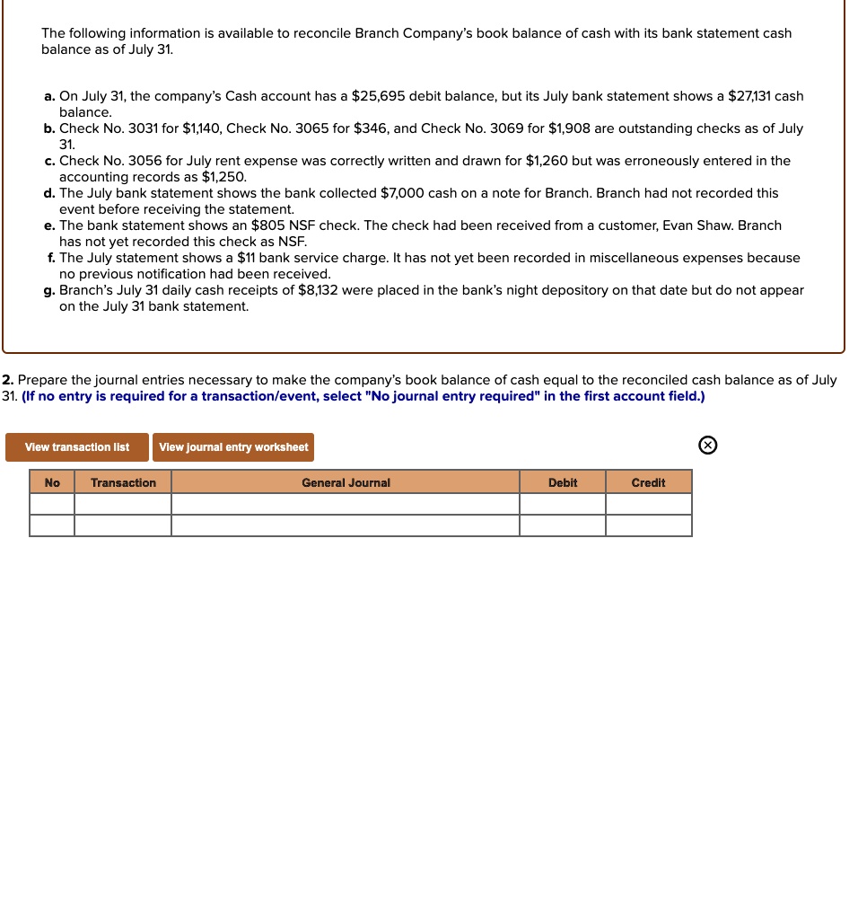 Miscellaneous Debit SOLVED: 'The following information is available to reconcile Branch ...