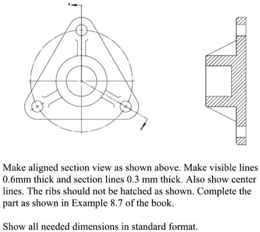 Make aligned section view as shown above. Make visible lines...