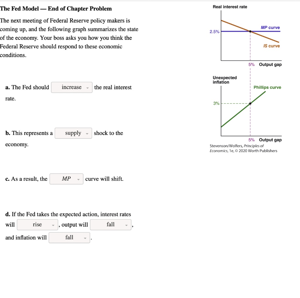 The Fed Model — End of Chapter Problem
The next meeting of Federal Reserve policy makers is coming up, and the following graph summarizes the state of the economy. Your boss asks you how you think the Federal Reserve should respond to these economic conditions.
a. The Fed should [increase] the real interest rate.
b. This represents a [supply] shock to the economy.
c. As a result, the [MP] curve will shift.
d. If the Fed takes the expected action, interest rates will [rise], output will [fall], and inflation will [fall].
Real interest rate
2.5% [MP curve]
[IS curve]
5% Output gap
Unexpected inflation
3%
[Phillips curve]
5% Output gap