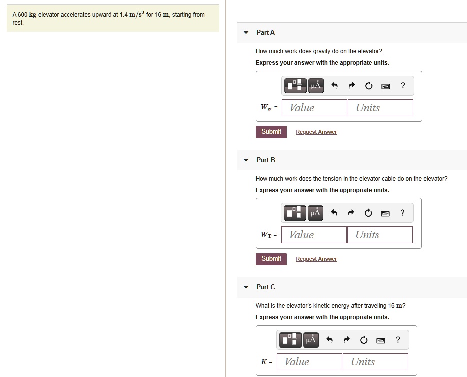 SOLVED 600 kg elevator accelerates upward at 1.4 m/s? for 16 m