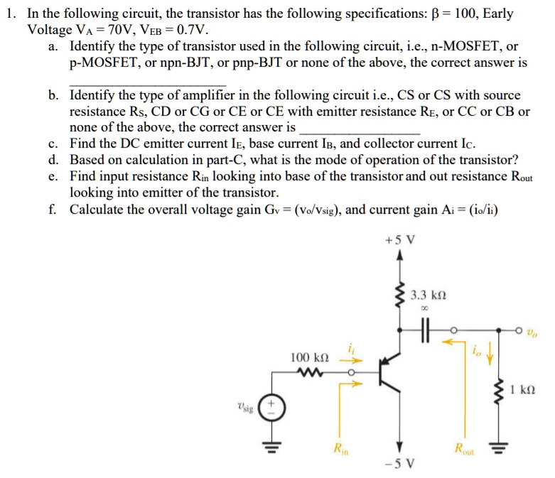 1. In the following circuit, the transistor has the following
