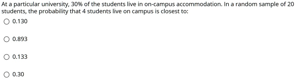 At a particular university, 30% of the students live in on-campus accommodation. In a random sample of 20 students, the probability that 4 students live on campus is closest to:
0.130
0.893
0.133
0.30