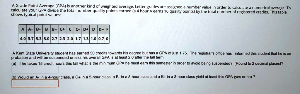 A Grade Point Average (GPA) is another kind of weighted average. Letter grades are assigned a number value in order to calculate a numerical average. To calculate your GPA divide the total number quality points earned (a 4 hour A earns 16 quality points) by the total number of registered credits. This table shows typical point values:

A | A- | B+ | B | B- | C+ | C | C- | D+ | D | D- | F
4.0 | 3.7 | 3.3 | 3.0 | 2.7 | 2.3 | 2.0 | 1.7 | 1.3 | 1.0 | 0.7 | 0

A Kent State University student has earned 50 credits towards his degree but has a GPA of just 1.75. The registrar's office has informed this student that he is on probation and will be suspended unless his overall GPA is at least 2.0 after the fall term.
(a) If he takes 15 credit hours this fall what is the minimum GPA he must earn this semester in order to avoid being suspended? (Round to 2 decimal places)?
(b) Would an A- in a 4-hour class, a C+ in a 5-hour class, a B- in a 3-hour class and a B+ in a 3-hour class yield at least this GPA (yes or no) ?