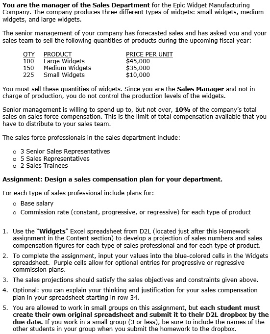 SOLVED: You are the manager of the Sales Department for the Epic Widget ...