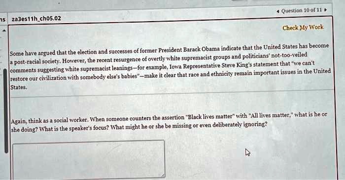 question 10 of 11 za3es11hch0502 check my work some have argued that the election and successes of former president barack obama indicate that the united states has become a post racial soc 19703