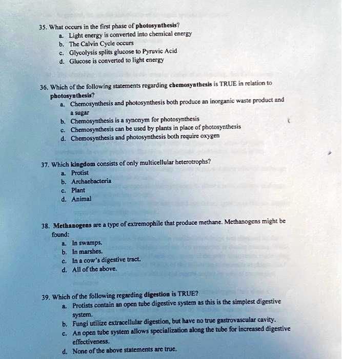 SOLVED 35. What occurs in the first phase of photosynthesis? a. Light