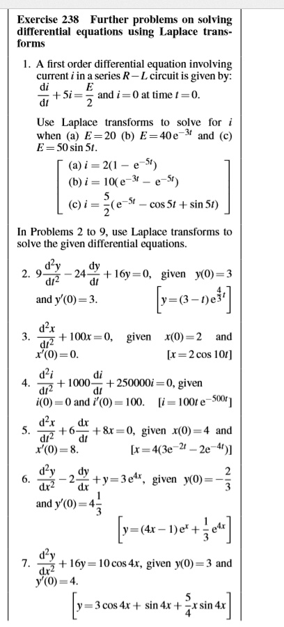 Exercise 238 Further Problems On Solving Diflerential Equations Using