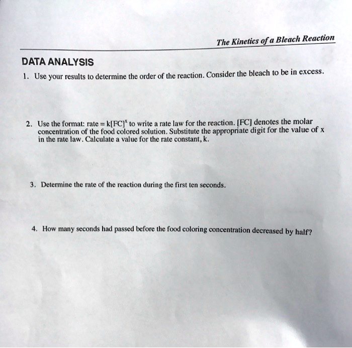 SOLVED The of a Bleach Reaction DATA ANALYSIS Use your