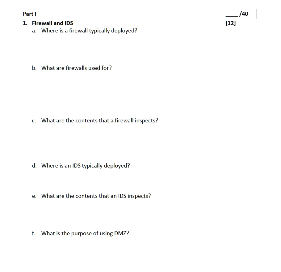 SOLVED Part I 1. Firewall and IDS a. Where is a firewall typically