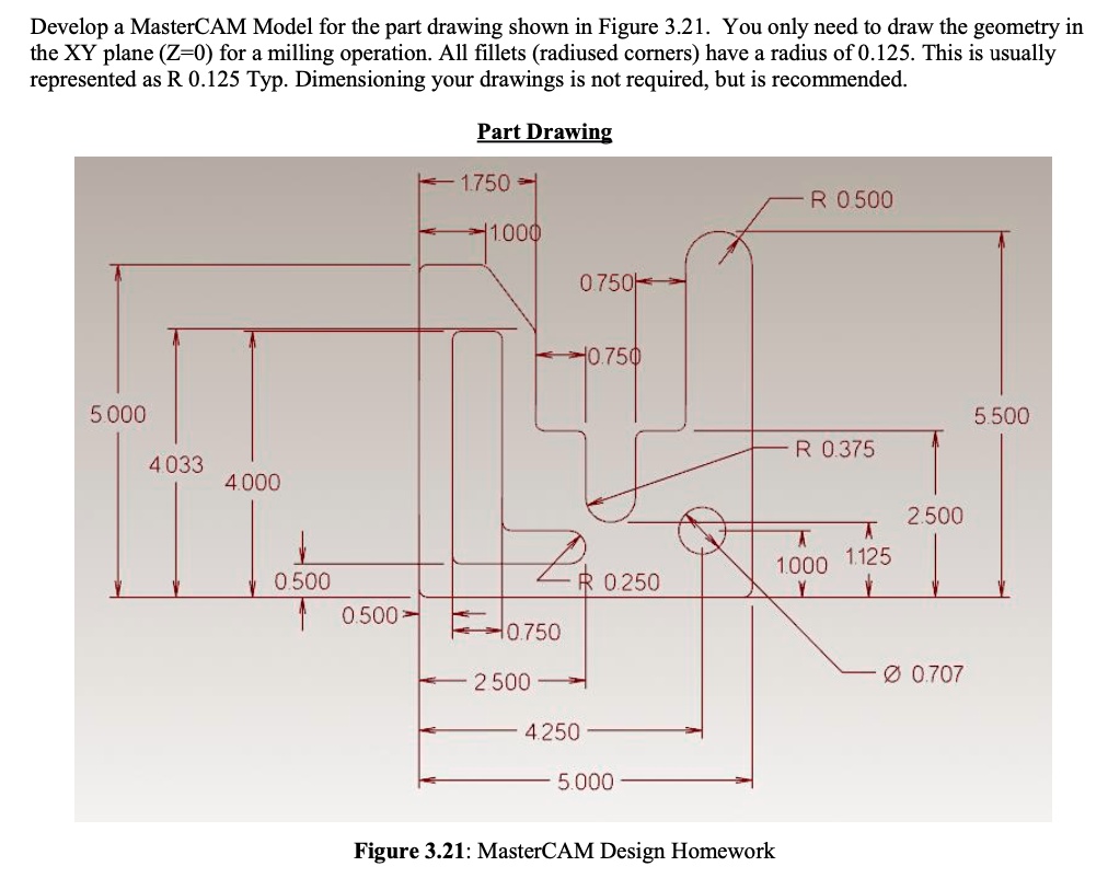 Filets Draw Develop a MasterCAM Model for the part drawing shown in Figure 3.21 ...