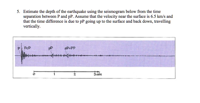5. Estimate the depth of the earthquake using the seismogram below from the time
separation between P and pP. Assume that the velocity near the surface is 6.5 km/s and
that the time difference is due to pP going up to the surface and back down, travelling
vertically.