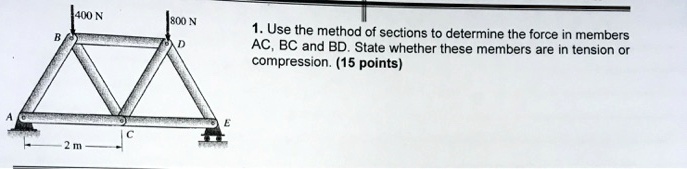 400 N
800 N
B
D
A
E
C
2 m
1. Use the method of sections to determine the force in members
AC, BC and BD. State whether these members are in tension or
compression. (15 points)