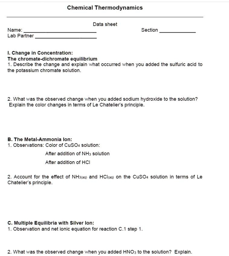 SOLVED Chemical Thermodynamics N Data Sheet N Name Lab Partner N Section N Change In 