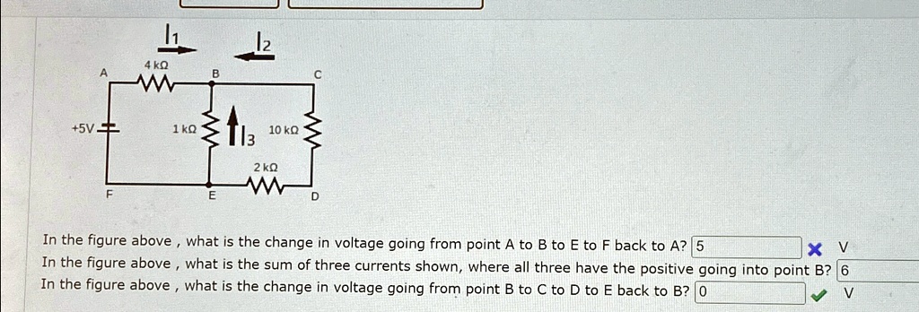 11
2
4 ??
A
B
C
+5V
1 ??
10 ??
3
2 ??
F
E
D
In the figure above, what is the change in voltage going from point A to B to E to F back to A? 5
In the figure above, what is the sum of three currents shown, where all three have the positive going into point B? 6
In the figure above, what is the change in voltage going from point B to C to D to E back to B? 0
V
V