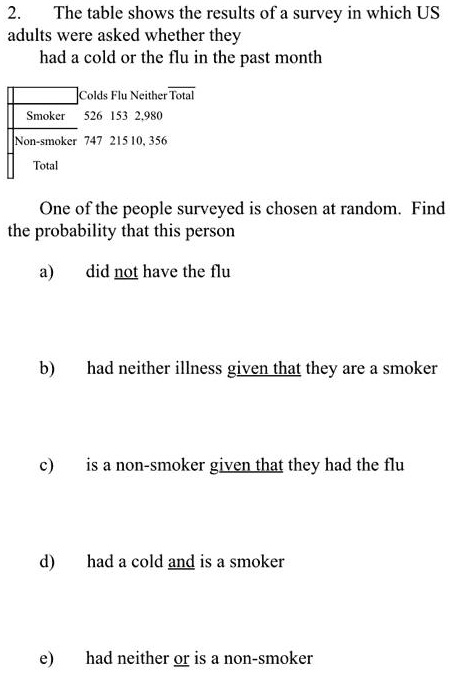 2. The table shows the results of a survey in which US adults were asked whether they had a cold or the flu in the past month

Colds Flu Neither Total
Smoker 526 153 2,980
Non-smoker 747 215 10,356
Total

One of the people surveyed is chosen at random. Find the probability that this person
a) did not have the flu
b) had neither illness given that they are a smoker
c) is a non-smoker given that they had the flu
d) had a cold and is a smoker
e) had neither or is a non-smoker