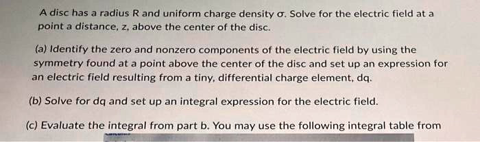 A disc has a radius R and uniform charge density σ. Solve for the electric field at a point a distance, z, above the center of the disc.
(a) Identify the zero and nonzero components of the electric field by using the symmetry found at a point above the center of the disc and set up an expression for an electric field resulting from a tiny, differential charge element, dq.
(b) Solve for dq and set up an integral expression for the electric field.
(c) Evaluate the integral from part b. You may use the following integral table from