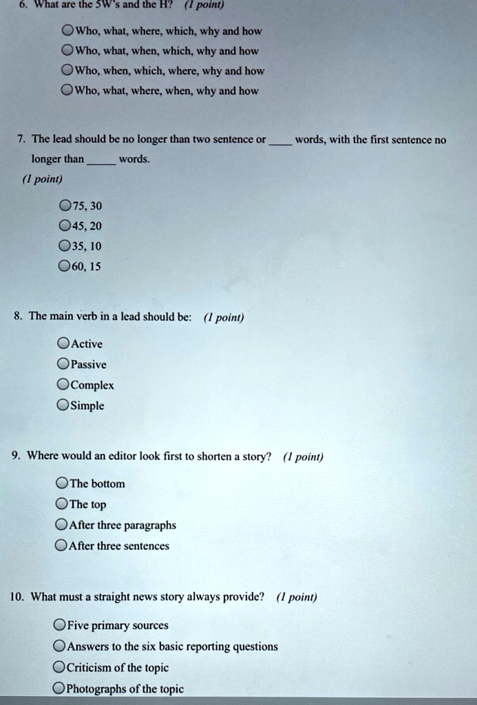 SOLVED: 'What are the 5wsand the H? (1 point) Who; what where.- which ...