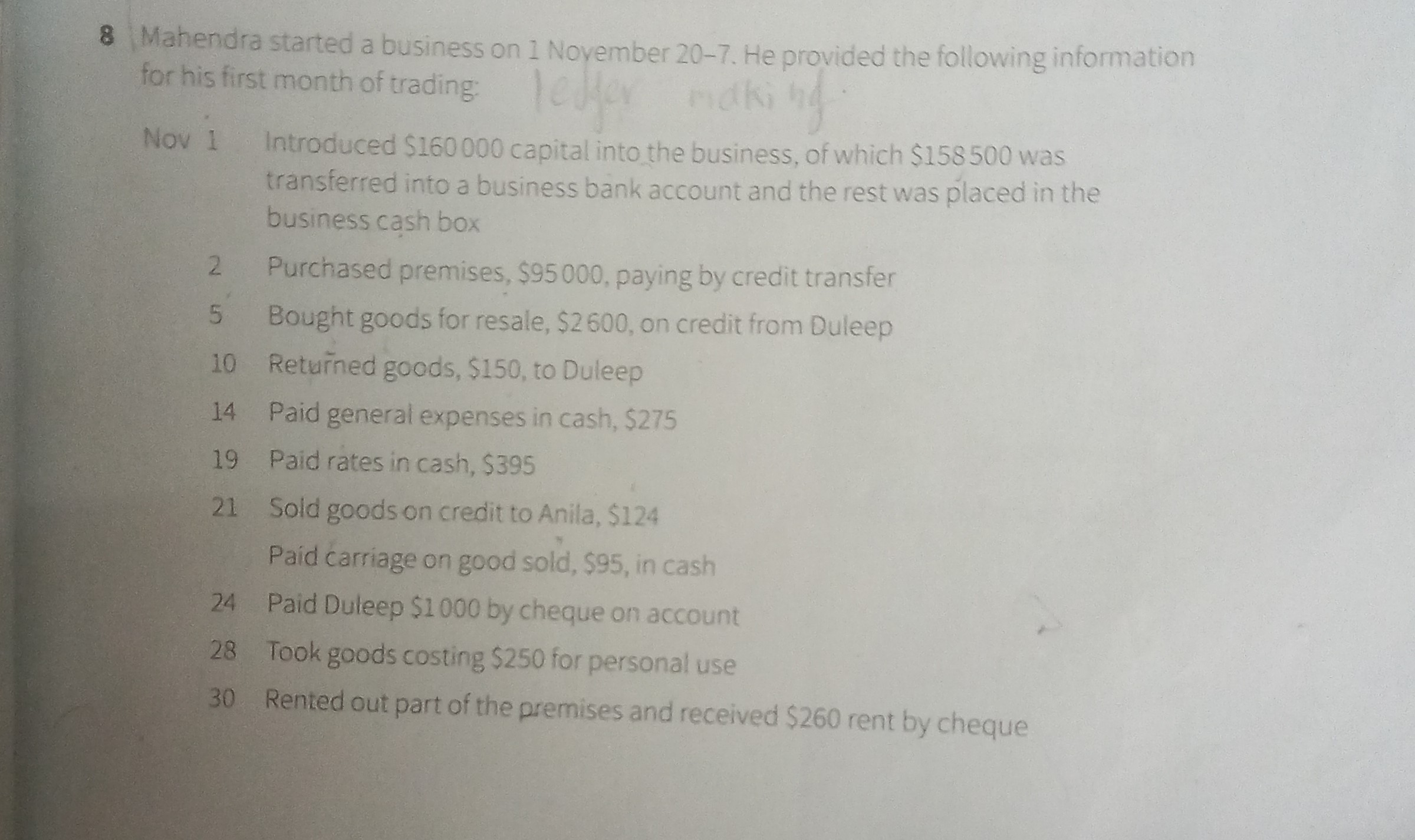 8 Mahendra started a business on 1 November 20-7. He provided the following information for his first month of trading:
Nov 1 Introduced $ 160000 capital into the business, of which $ 158500 was transferred into a business bank account and the rest was placed in the business cash box
2 Purchased premises, $ 95000, paying by credit transfer
5 Bought goods for resale, $ 2600, on credit from Duleep
10 Returned goods, $ 150, to Duleep
14 Paid general expenses in cash, $ 275
19 Paid rates in cash, $ 395
21 Sold goods on credit to Anila, $ 124
Paid carriage on good sold, $ 95, in cash
24 Paid Duleep $ 1000 by cheque on account
28 Took goods costing $ 250 for personal use
30 Rented out part of the premises and received $ 260 rent by cheque