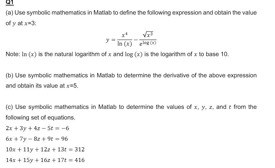 VIDEO solution: Q1 (a) Use symbolic mathematics in MATLAB to define the ...