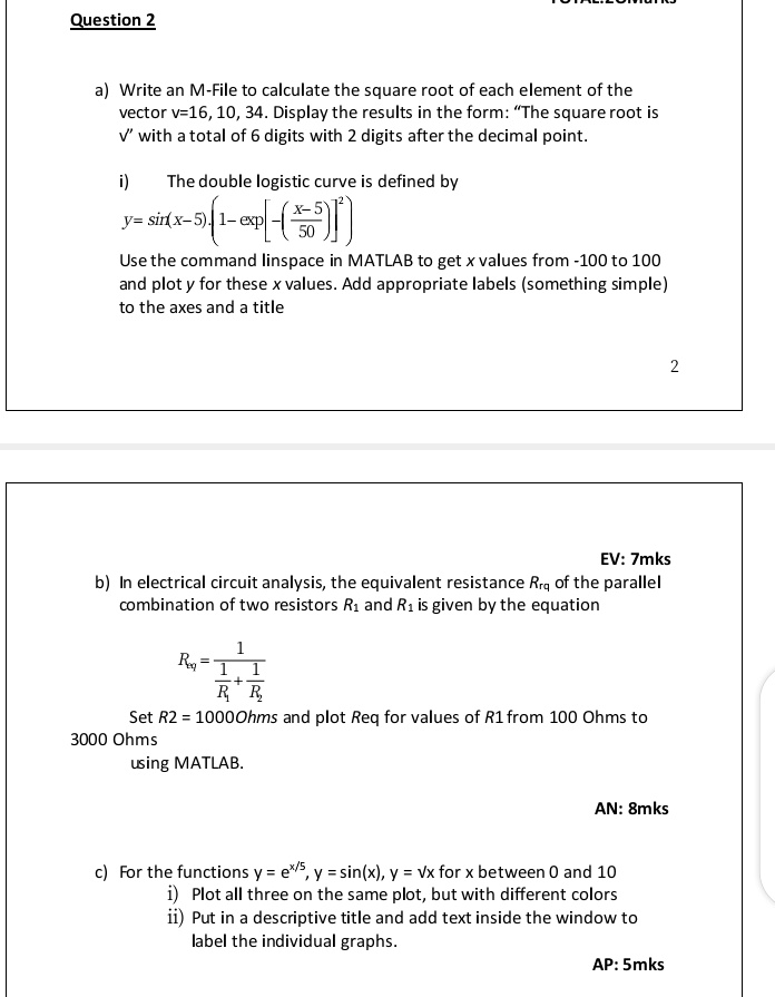 Solved Question 2 A Write An M File To Calculate The Square Root Of Each Element Of The Vector