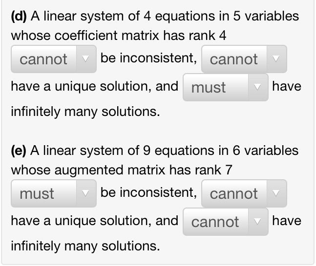 SOLVED: (d) A linear system of 4 equations in 5 variables whose ...