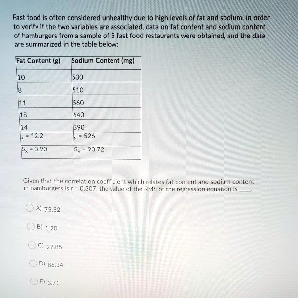 Fast food is often considered unhealthy due to high levels of fat and sodium. In order to verify if the two variables are associated, data on fat content and sodium content of hamburgers from a sample of 5 fast food restaurants were obtained, and the data are summarized in the table below:

Fat Content (g) Sodium Content (mg)
10 530
8 510
11 560
18 640
14 390
x? = 12.2 ? = 526
Sx = 3.90 Sy = 90.72

Given that the correlation coefficient which relates fat content and sodium content in hamburgers is r = 0.307, the value of the RMS of the regression equation is .

A) 75.52
B) 1.20
C) 27.85
D) 86.34
E) 3.71
