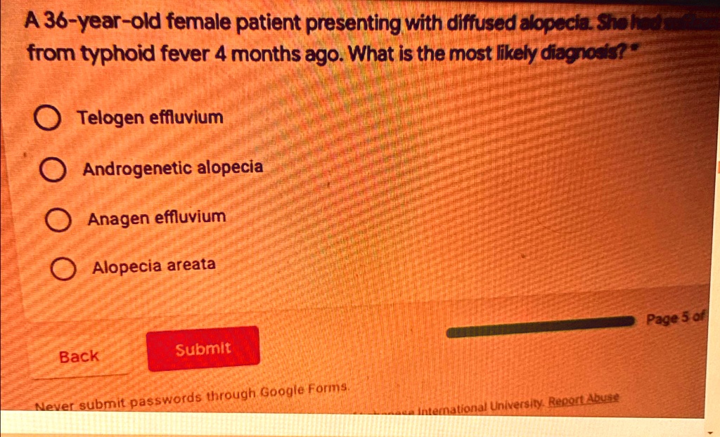 A 36-year-old female patient presenting with diffused alopecia. She had ...