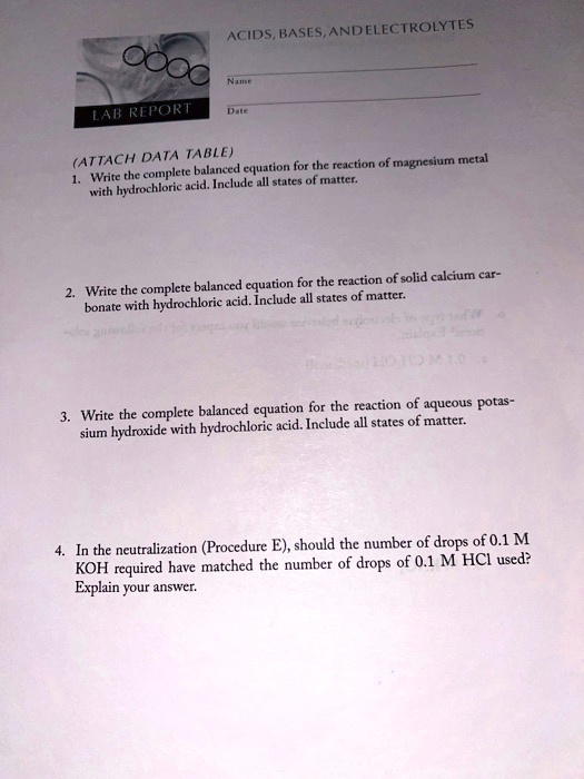 SOLVED ACIDS, BASES, AND ELECTROLYTES LAB REPORT (ATTACH DATA TABLE