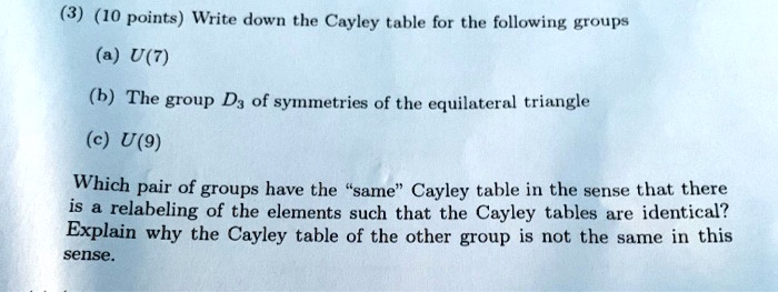(3) (10 points) Write down the Cayley table for the following groups
(a) U(7)
(b) The group D3 of symmetries of the equilateral triangle
(c) U(9)
Which pair of groups have the "same" Cayley table in the sense that there is a relabeling of the elements such that the Cayley tables are identical?
Explain why the Cayley table of the other group is not the same in this sense.