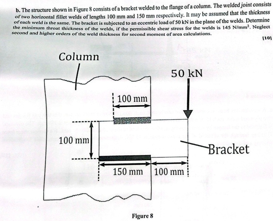 b the structure shown in figure 8 consists of a bracket welded to the flange of a column the welded joint consists of two horizontal fillet welds of lengths 100 mm and 150 mm respectively it 93582
