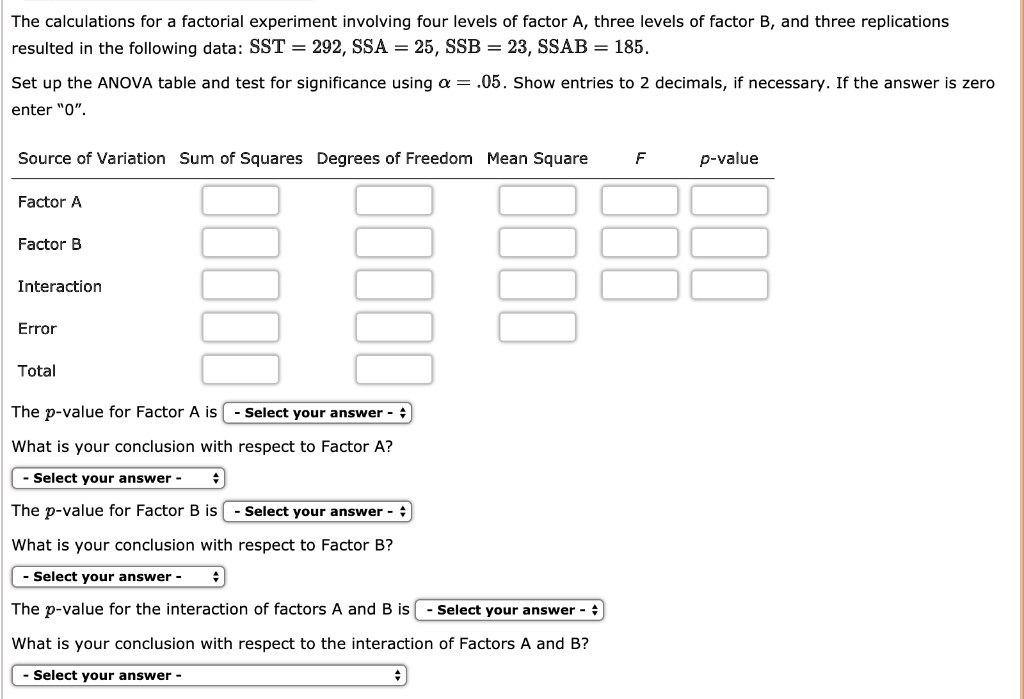 SOLVED: The calculations for a factorial experiment involving four ...