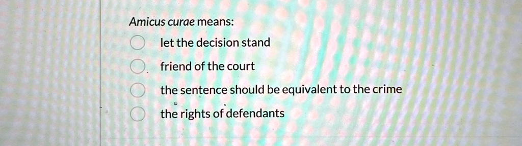Amicus curae means:
let the decision stand
friend of the court
the sentence should be equivalent to the crime
the rights of defendants