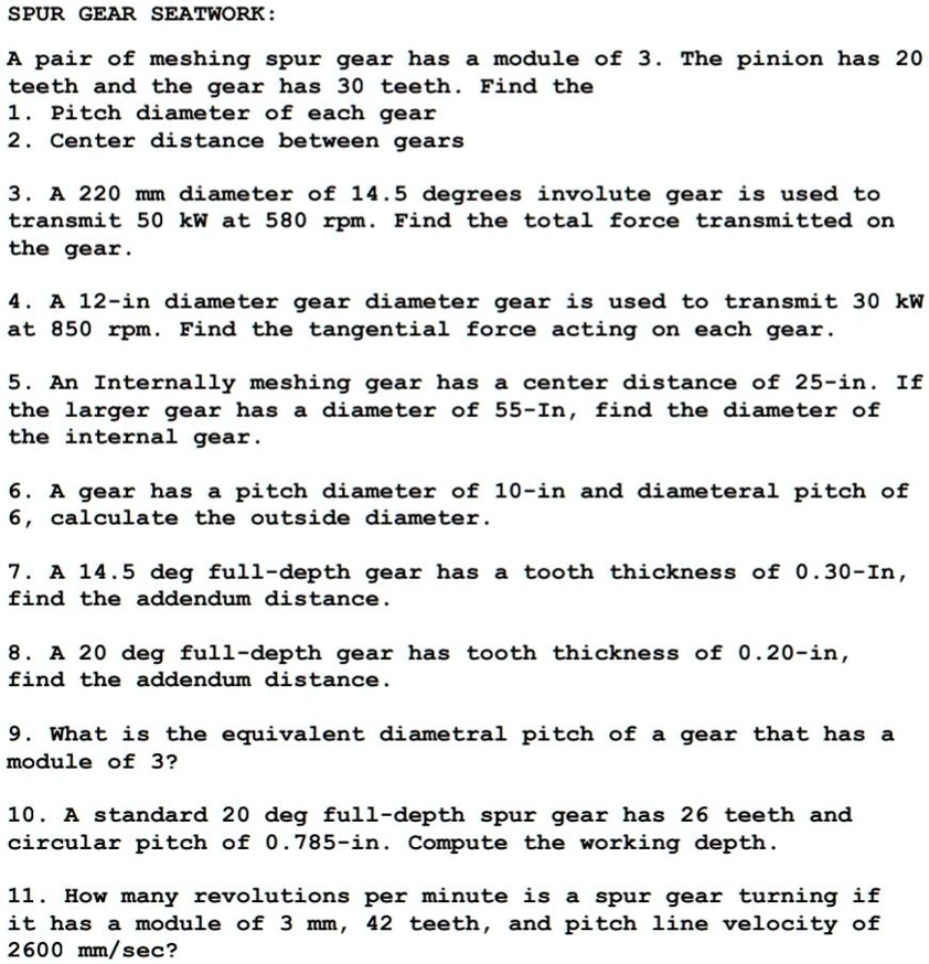 SOLVED SPUR GEAR SEATWORK A pair of meshing spur gears has a module
