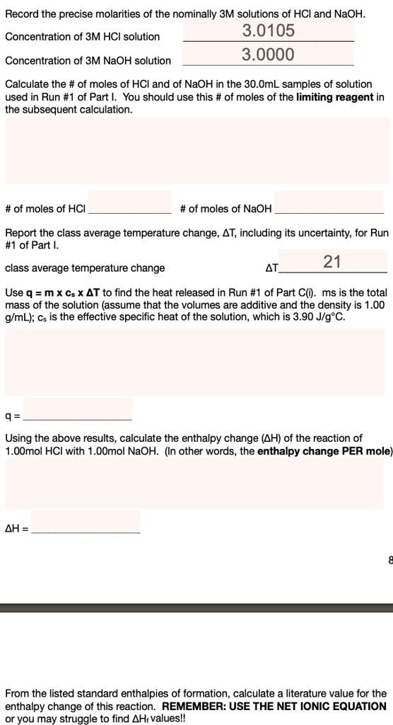 Record the precise molarities of the nominally 3M solutions...