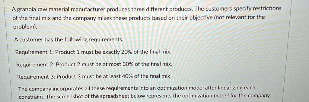 A granola raw material manufacturer produces three different products. The customers specify restrictions of the final mix and the company mixes these products based on their objective (not relevant for the problem).
A customer has the following requirements.
Requirement 1: Product 1 must be exactly 20% of the final mix.
Requirement 2: Product 2 must be at most 30% of the final mix.
Requirement 3: Product 3 must be at least 40% of the final mix
The company incorporates all these requirements into an optimization model after linearizing each constraint. The screenshot of the spreadsheet below represents the optimization model for the company.