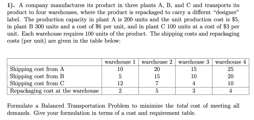 1). A company manufactures its product in three plants A, B, and C and transports its product to four warehouses, where the product is repackaged to carry a differnt "designer" label. The production capacity in plant A is 200 units and the unit production cost is 5, in plant B 300 units and a cost of6 per unit, and in plant C 100 units at a cost of 3 per unit. Each warehouse requires 100 units of the product. The shipping costs and repackaging costs (per unit) are given in the table below:

warehouse 1 warehouse 2 warehouse 3 warehouse 4
Shipping cost from A 10 20 15 25
Shipping cost from B 5 15 10 20
Shipping cost from C 12 7 4 10
Repackaging cost at the warehouse 2 5 3 4

Formulate a Balanced Transportation Problem to minimize the total cost of meeting all demands. Give your formulation in terms of a cost and requirement table.