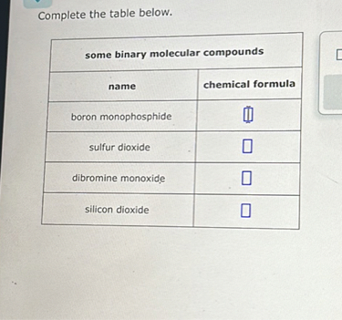 SOLVED: Complete the table below. some binary molecular compounds name ...