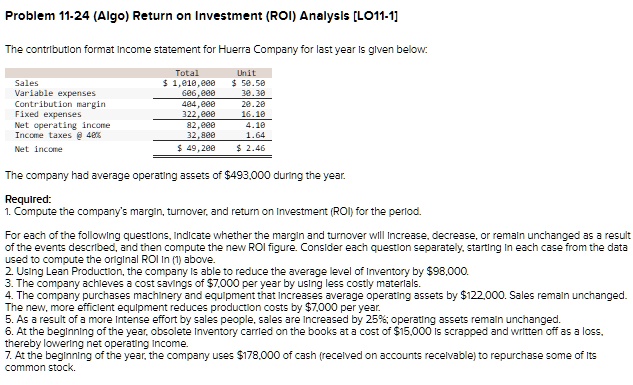 Problem 11-24 (Algo) Return on Investment (ROI) Analysis [LO11-1]

The contribution format income statement for Huerra Company for last year is given below:

Total Unit
Sales 1,010,000 50.50
Variable expenses 606,000 30.30
Contribution margin 404,000 20.20
Fixed expenses 322,000 16.10
Net operating income 82,000 4.10
Income taxes @ 40% 32,800 1.64
Net income 49,200 2.46

The company had average operating assets of 493,000 during the year.

Required:
1. Compute the company's margin, turnover, and return on investment (ROI) for the period.

For each of the following questions, indicate whether the margin and turnover will increase, decrease, or remain unchanged as a result of the events described, and then compute the new ROI figure. Consider each question separately, starting in each case from the data used to compute the original ROI in (1) above.
2. Using Lean Production, the company is able to reduce the average level of inventory by98,000.
3. The company achieves a cost savings of 7,000 per year by using less costly materials.
4. The company purchases machinery and equipment that increases average operating assets by122,000. Sales remain unchanged. The new, more efficient equipment reduces production costs by 7,000 per year.
5. As a result of a more intense effort by sales people, sales are increased by 25%; operating assets remain unchanged.
6. At the beginning of the year, obsolete inventory carried on the books at a cost of15,000 is scrapped and written off as a loss, thereby lowering net operating income.
7. At the beginning of the year, the company uses 178,000 of cash (received on accounts receivable) to repurchase some of its common stock.
