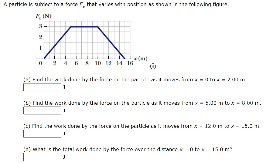 A particle is subject to a force Fx that varies with position as shown in the following figure.
Fx (N)
3
2
1
0 2 4 6 8 10 12 14 16 x (m)
(a) Find the work done by the force on the particle as it moves from x = 0 to x = 2.00 m.
(b) Find the work done by the force on the particle as it moves from x = 5.00 m to x = 8.00 m.
(c) Find the work done by the force on the particle as it moves from x = 12.0 m to x = 15.0 m.
(d) What is the total work done by the force over the distance x = 0 to x = 15.0 m?